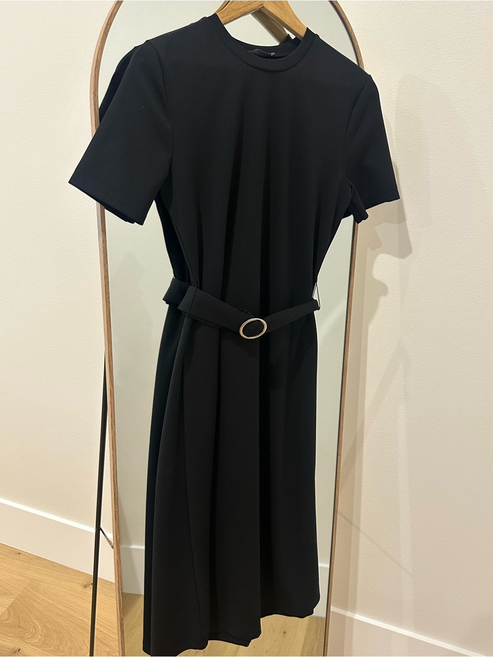 Zara Black Short-Sleeve Belted Midi Dress
